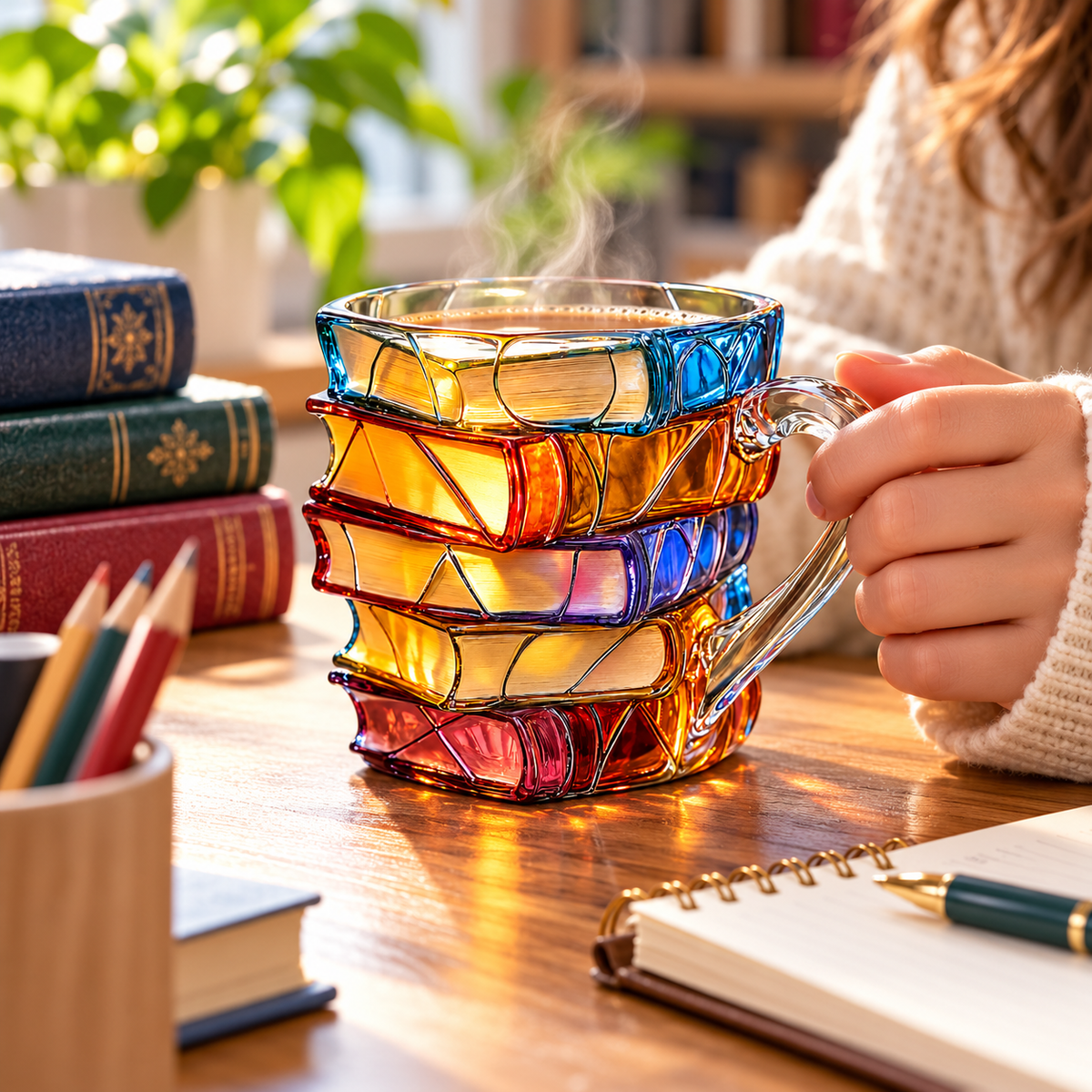 Handgefertigte farbenfrohe Buch-Tasse mit einzigartigem Design - Geschenk-Tasse
