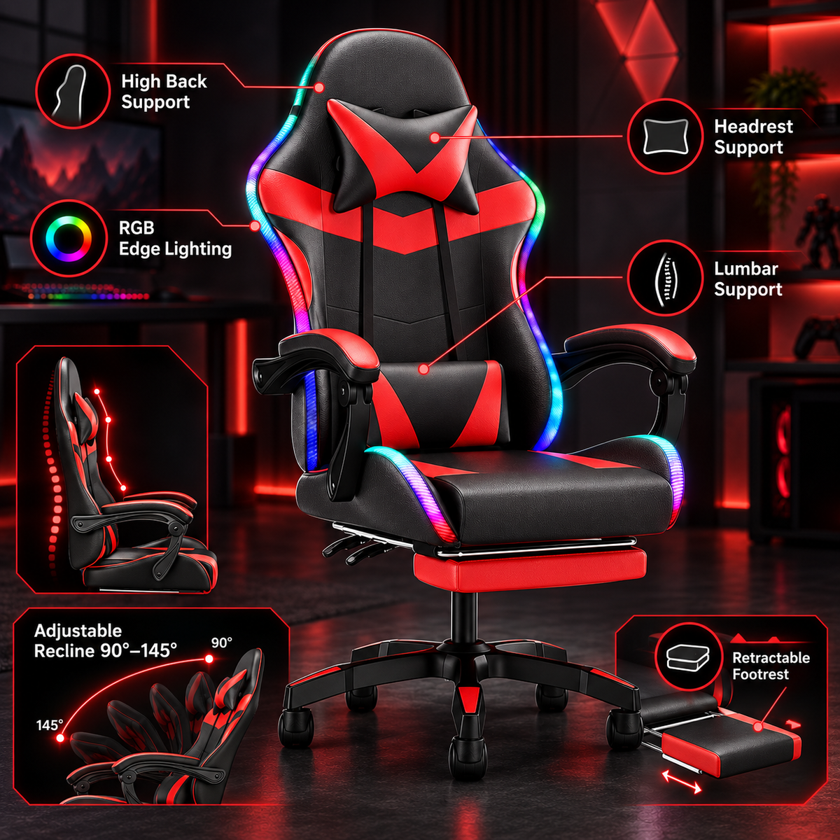 Gamingstuhl mit hoher Rückenlehne, RGB-Beleuchtung, Neigefunktion, Kopfstütze und Lendenwirbelstütze