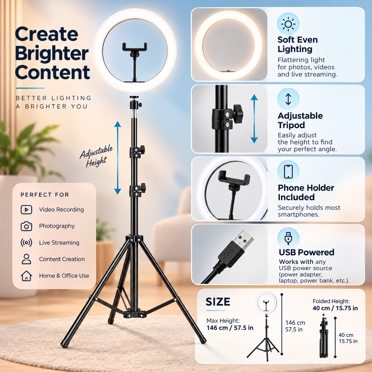 Professionelle LED-Ringleuchte mit verstellbarem Stativ