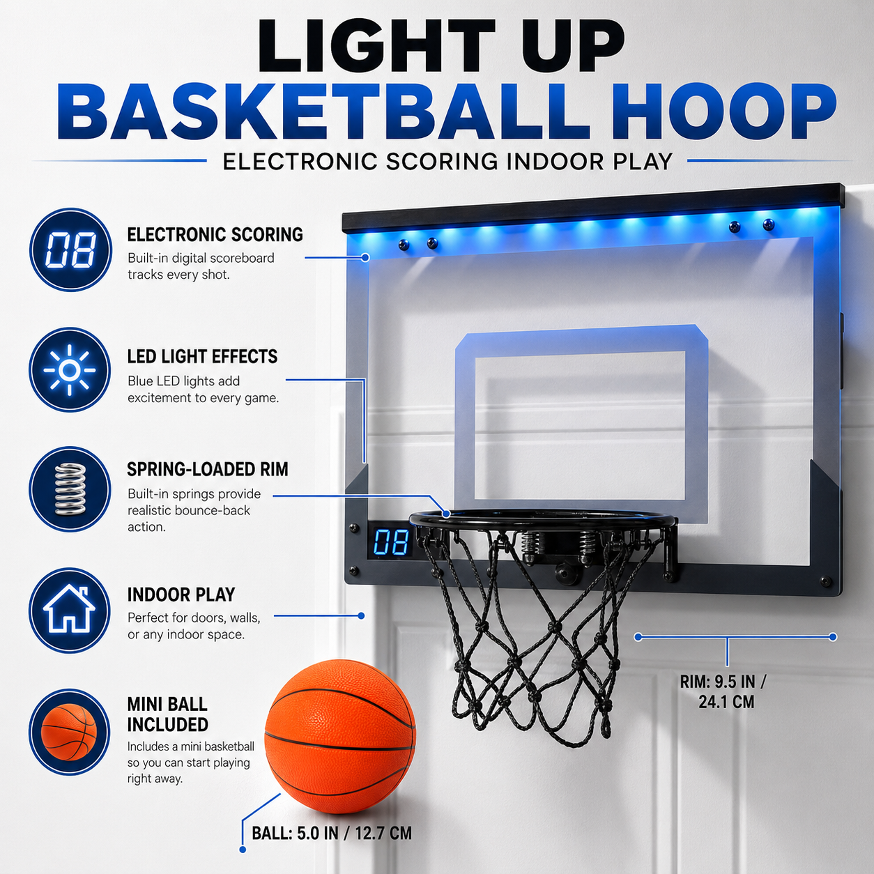 Beleuchteter Basketballkorb mit elektronischer Punkteanzeige für drinnen