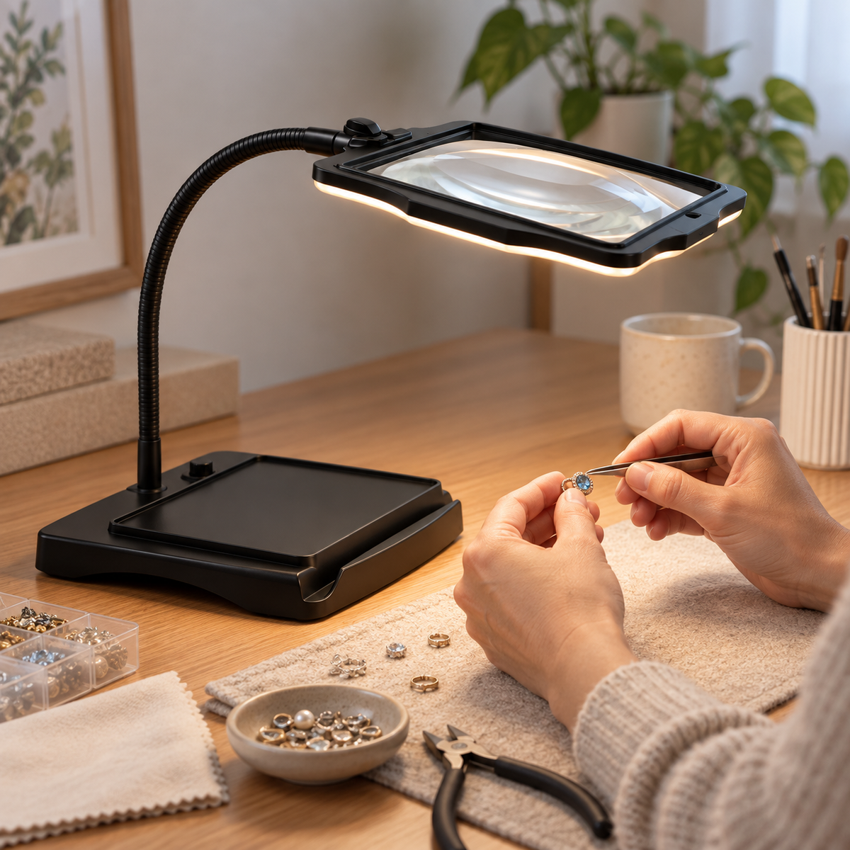 Lupe-Schreibtischlampe mit freihändigem Design und verstellbarem Arm