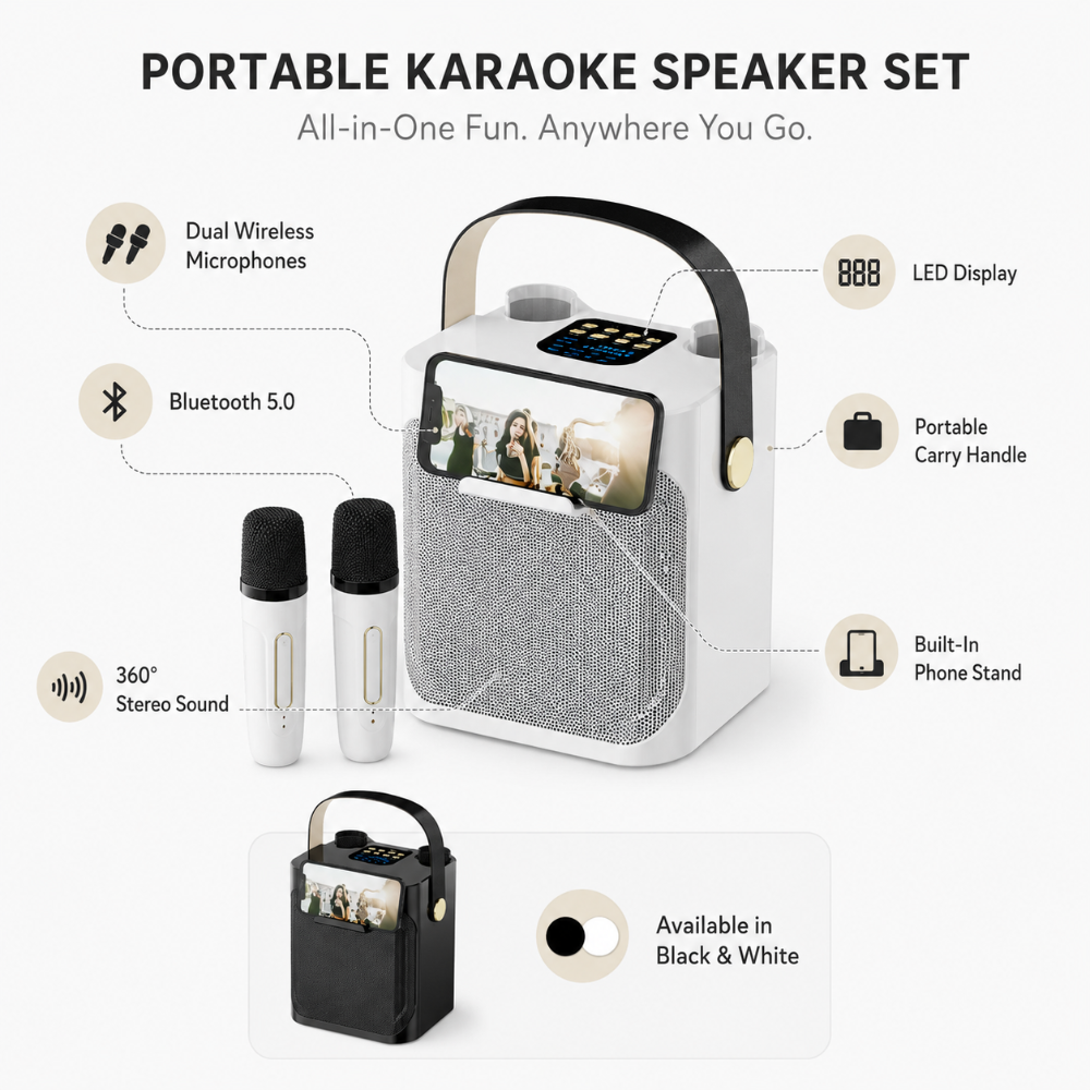Tragbarer Karaoke-Lautsprecher, kabellose Mikrofone, LED-Anzeige