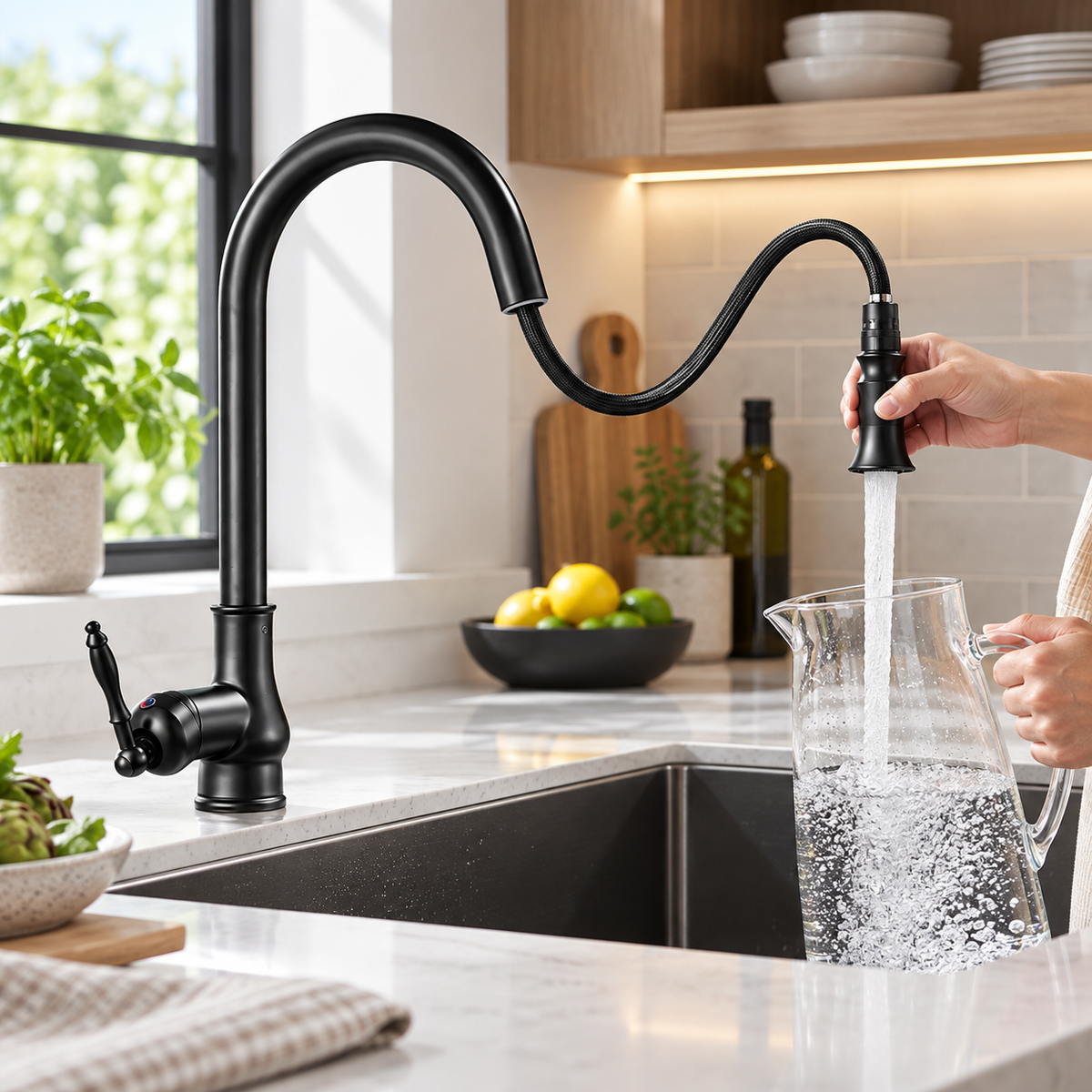 Ausziehbarer Küchenwasserhahn mit flexiblem Auslauf und herausziehbarem Brausekopf