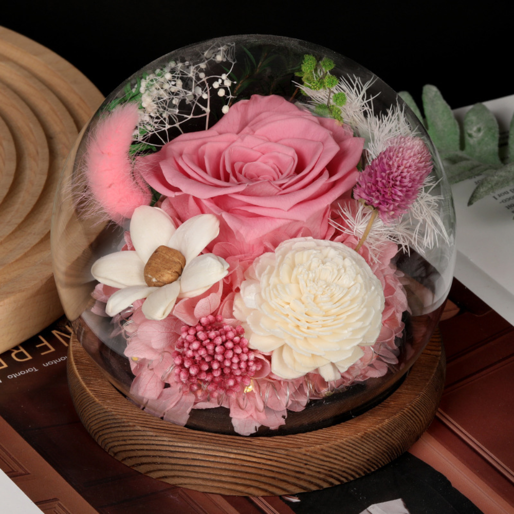 Regalo de Día de la Madre con Rosa Flor Preservada en Cúpula Decoración de Mesa LED