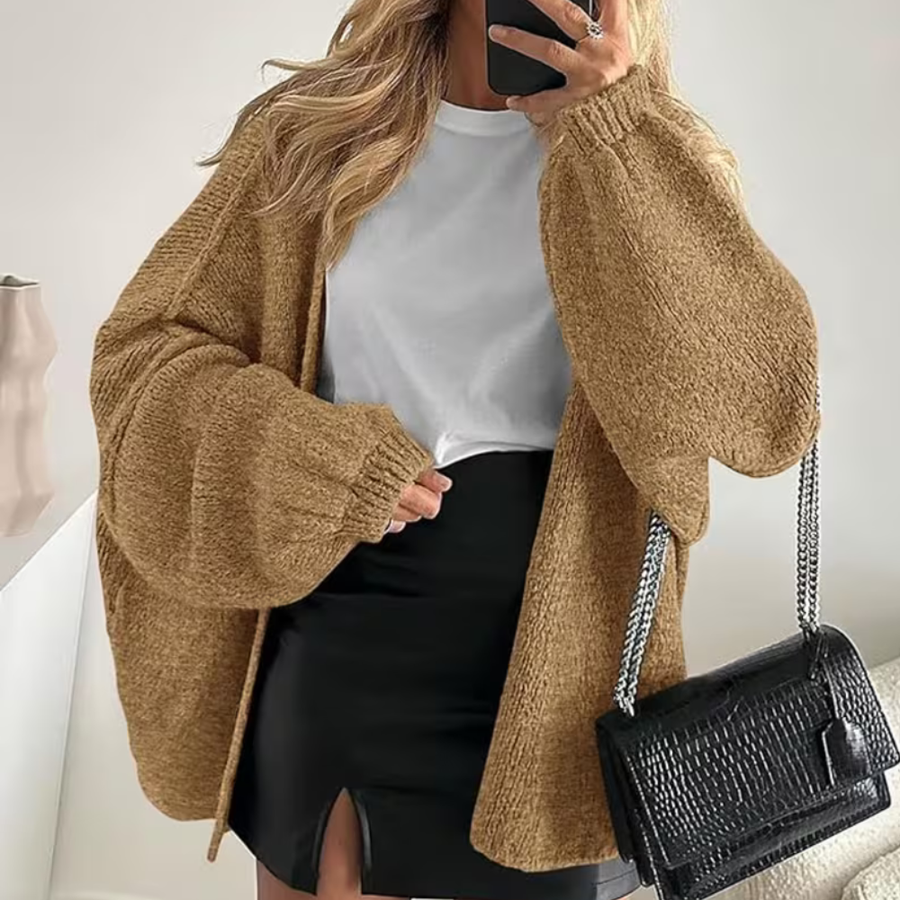 Cardigã Feminino Oversized Aberto à Frente Manga Lanterna