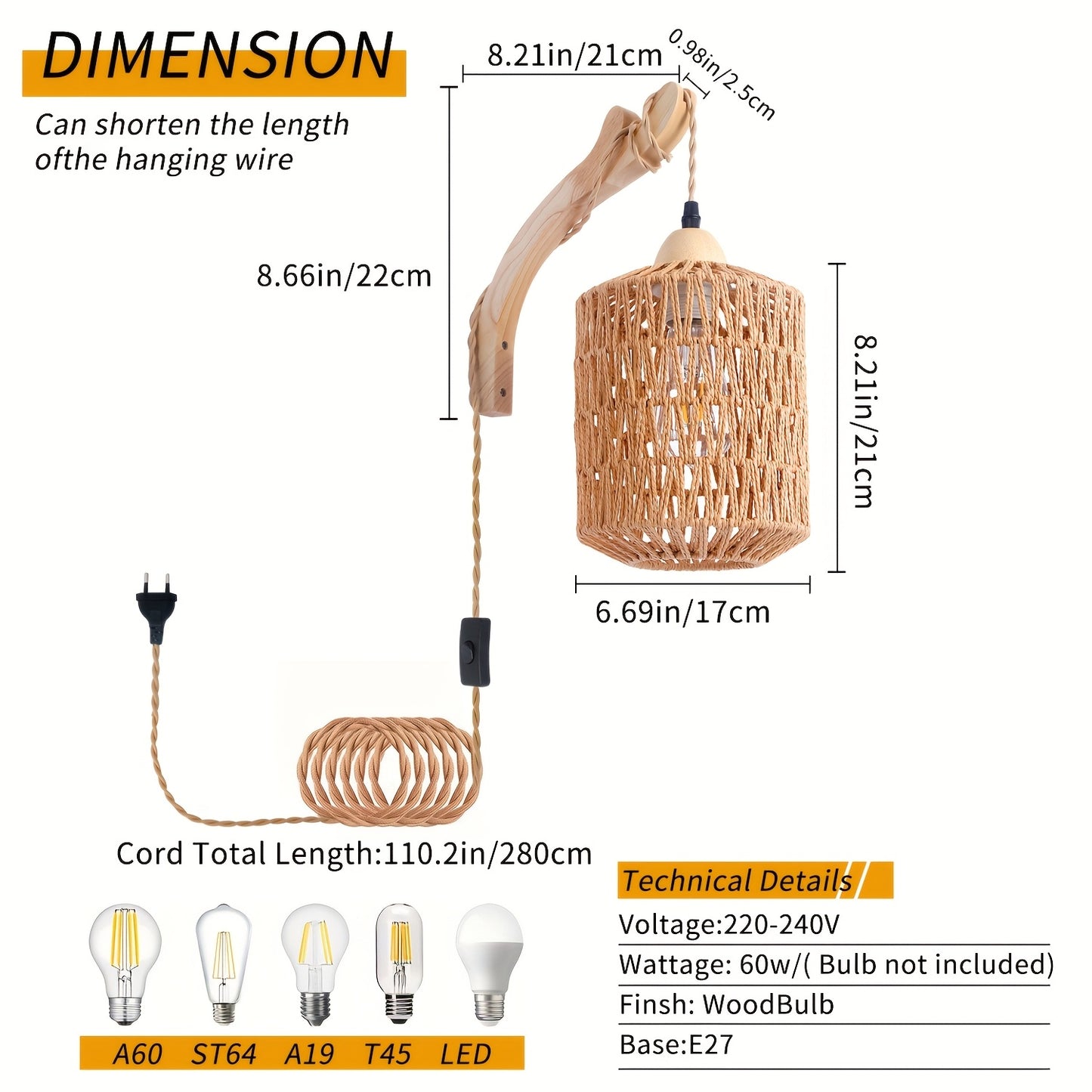 Lampă de perete Boho din lemn și ratan | Lumină cu priză, țesută manual