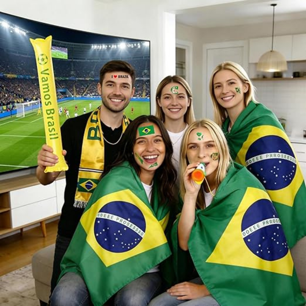 Kit para fanáticos del fútbol con bandera de Brasil: capa, bufanda y bocina para fiesta