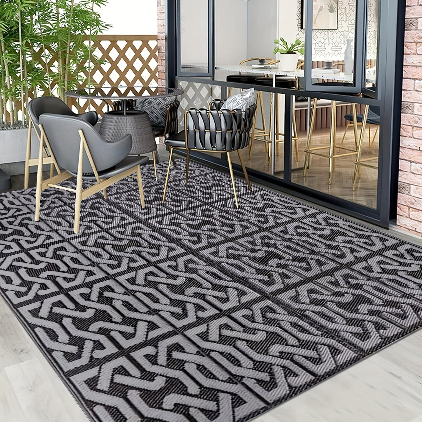 Tappeto Esterno Reversibile | Tappeto Moderno per Patio Nero e Grigio