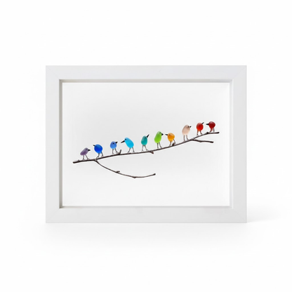 Tablou decorativ cu ramă, sticlă de mare, pasăre și lemn plutitor, decor costier