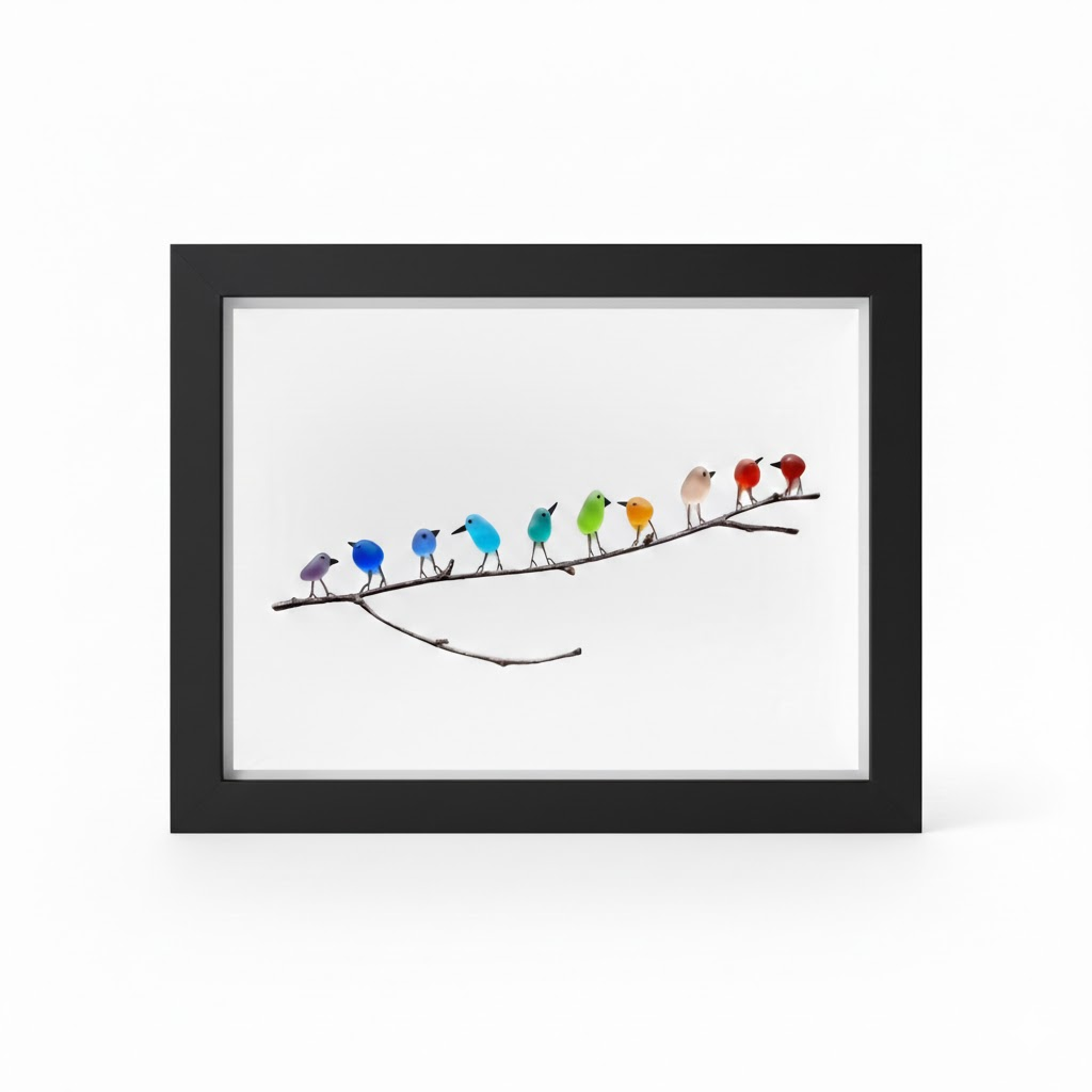 Tablou decorativ cu ramă, sticlă de mare, pasăre și lemn plutitor, decor costier