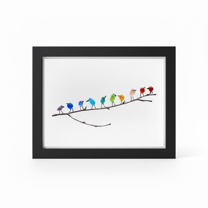 Tablou decorativ cu ramă, sticlă de mare, pasăre și lemn plutitor, decor costier