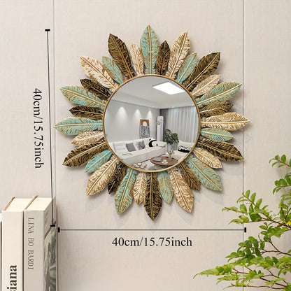 Specchio da Parete in Metallo Bohemien Sunburst | Design Foglia Verde Petrolio e Oro