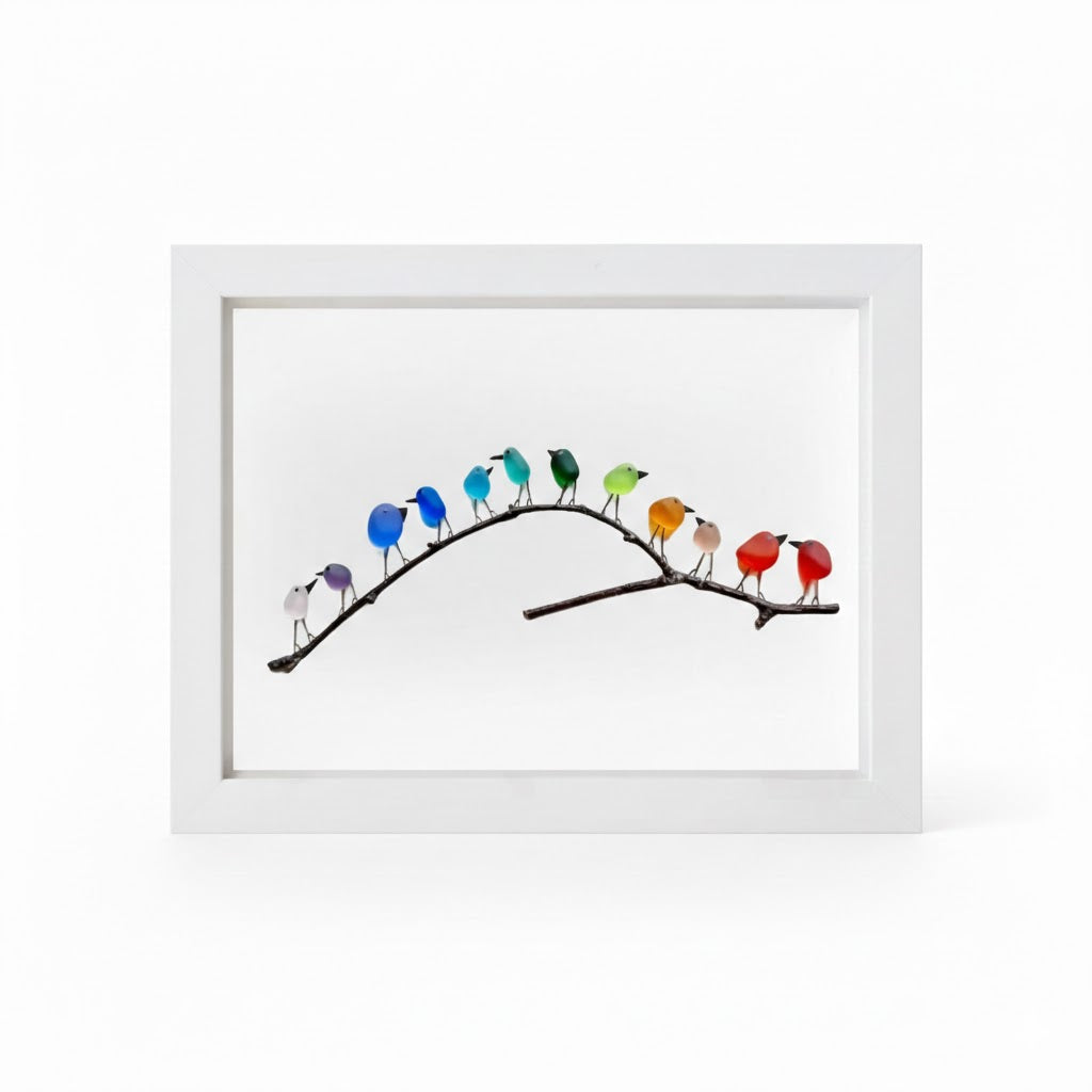 Tablou decorativ cu ramă, sticlă de mare, pasăre și lemn plutitor, decor costier