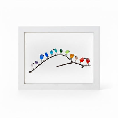Tablou decorativ cu ramă, sticlă de mare, pasăre și lemn plutitor, decor costier