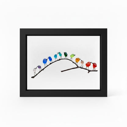 Tablou decorativ cu ramă, sticlă de mare, pasăre și lemn plutitor, decor costier