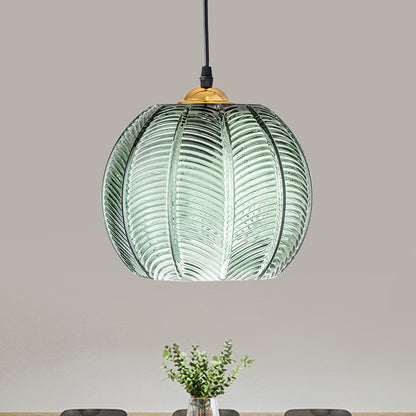 Kürbis gerippte Glas-Pendelleuchte | Retro grüne Hängelampe