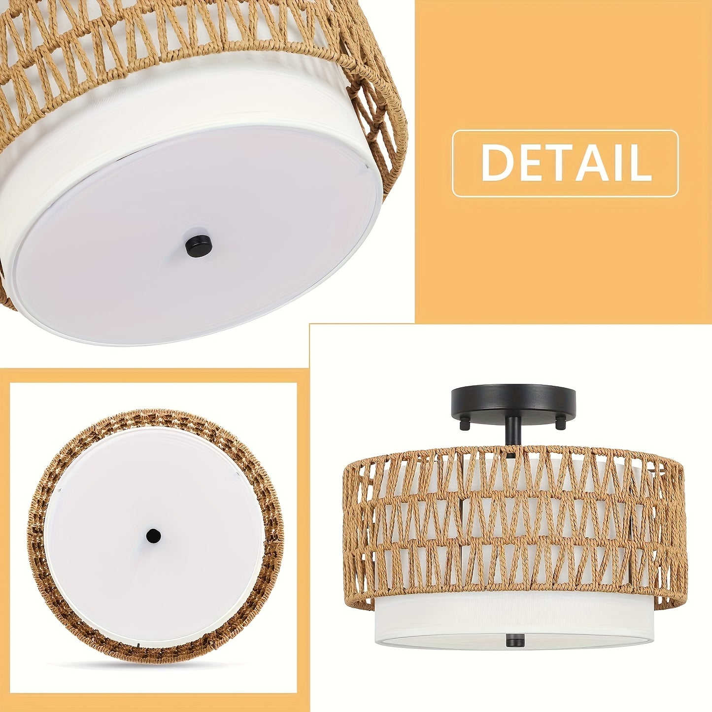 Lámpara de Techo Boho de Ratán | Montaje Semi-Empotrado con Pantalla de Lino