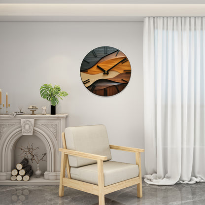 Relógio de Parede Redondo Artístico em Vidro | Design Nórdico com Textura de Madeira Falsa