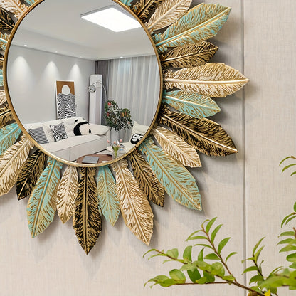 Specchio da Parete in Metallo Bohemien Sunburst | Design Foglia Verde Petrolio e Oro