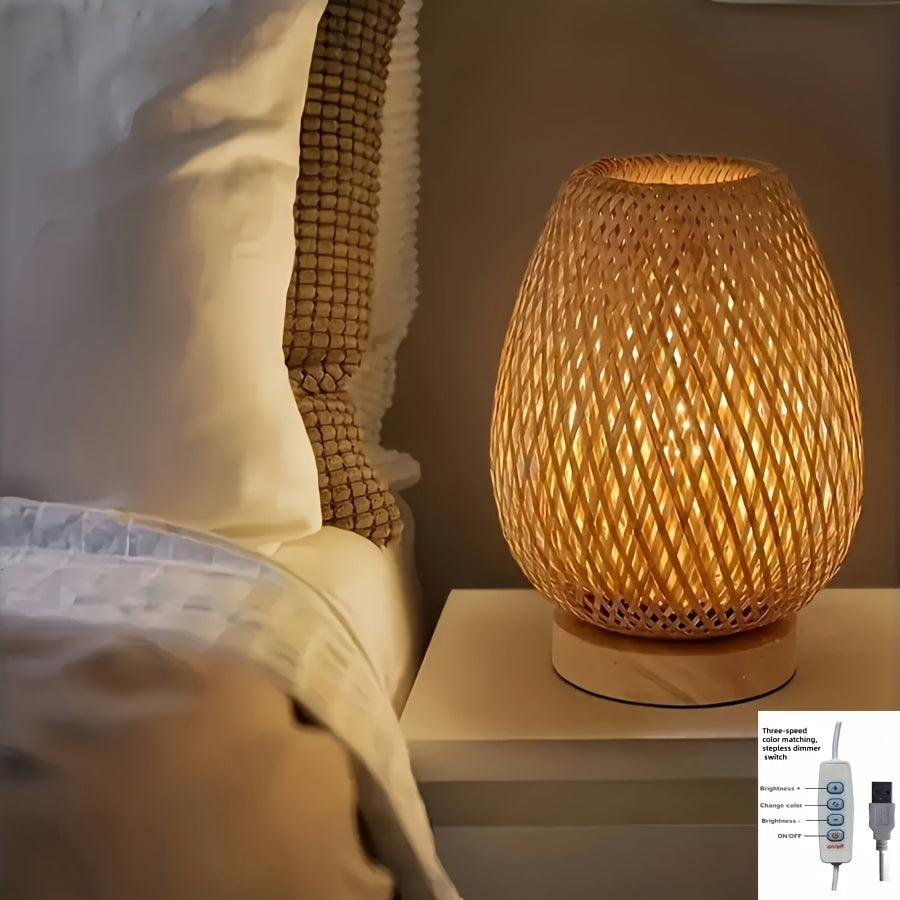 Håndlavet bambus vævet sengelampe | Dæmpbar USB bordlampe