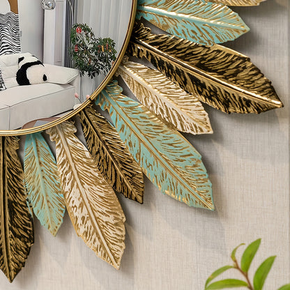 Specchio da Parete in Metallo Bohemien Sunburst | Design Foglia Verde Petrolio e Oro