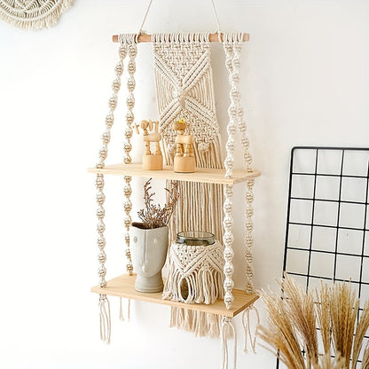 Mensola da parete Boho in macramè | Scaffale sospeso a 2 livelli