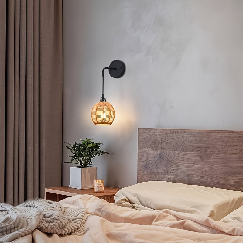 Boho Rattan Wandleuchte | Handgewebte Nachttisch- und Wohnzimmer-Wandleuchte
