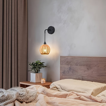 Boho Rattan Wandleuchte | Handgewebte Nachttisch- und Wohnzimmer-Wandleuchte