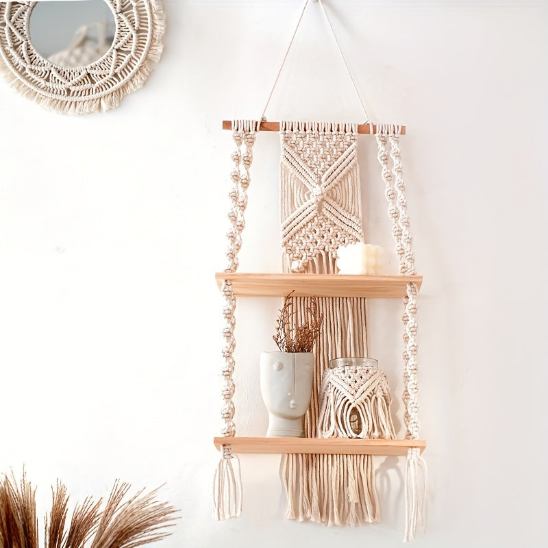 Mensola da parete Boho in macramè | Scaffale sospeso a 2 livelli