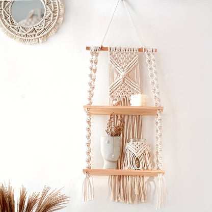 Mensola da parete Boho in macramè | Scaffale sospeso a 2 livelli