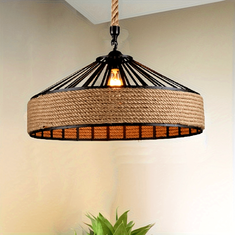 Rustikale Hängeleuchte aus Hanfseil | Vintage Bauernhaus-Deckenlampe
