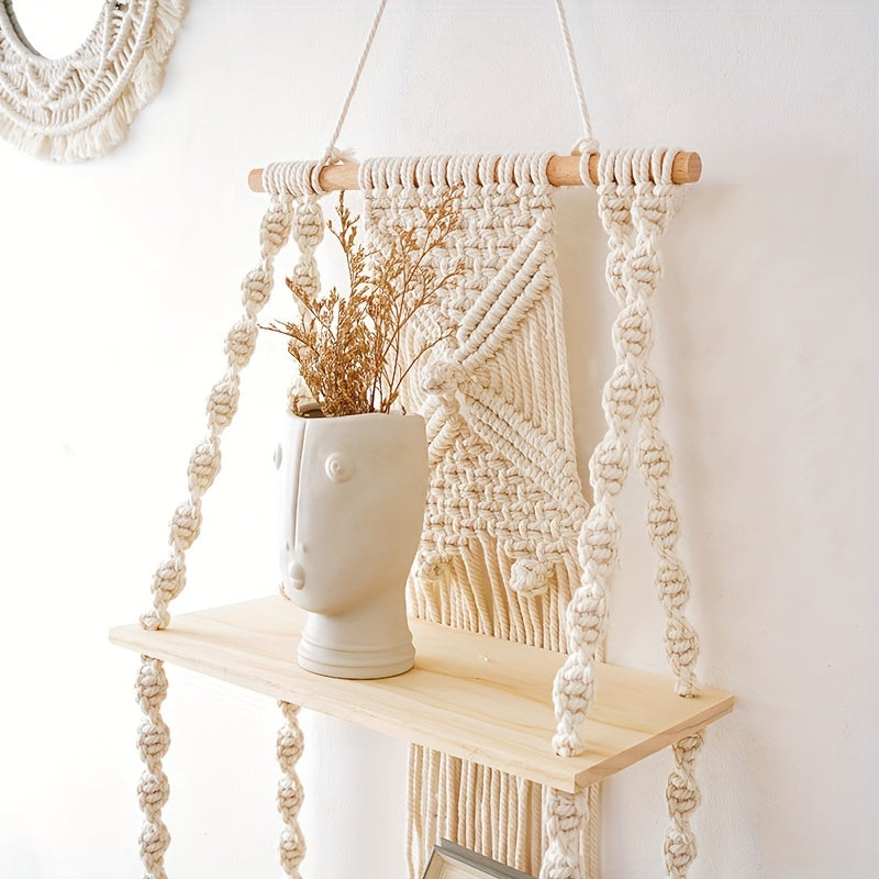 Mensola da parete Boho in macramè | Scaffale sospeso a 2 livelli