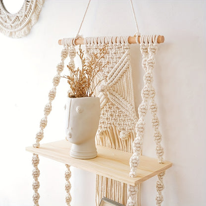 Mensola da parete Boho in macramè | Scaffale sospeso a 2 livelli