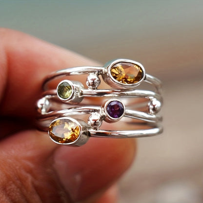 Anello con pietra di nascita in argento regolabile stile boho con zirconi avvolgente