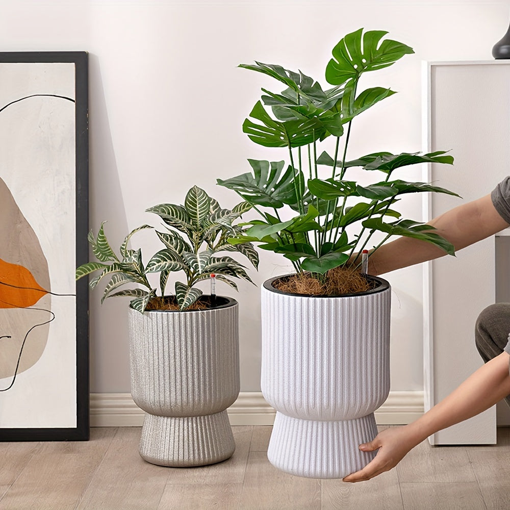 Hvid selvvandende blomsterpotte | Moderne vinrueglas-design plantekrukke med vandstandsmåler