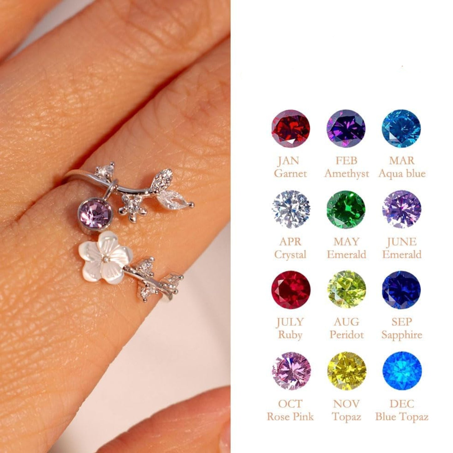 Anillo Ajustable con Piedra de Nacimiento y Flor de Circonita Cúbica Regalo para el Día de la Madre