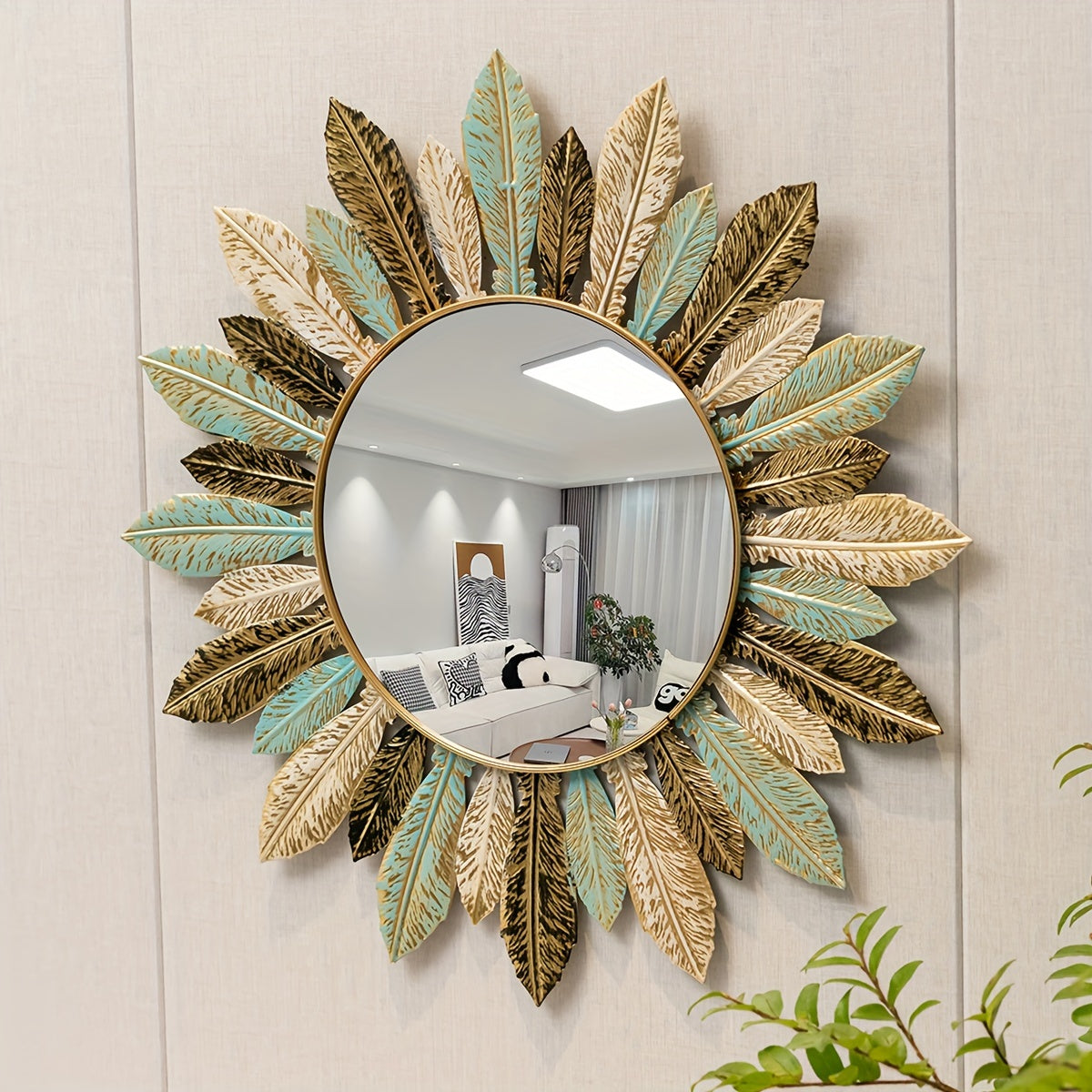 Specchio da Parete in Metallo Bohemien Sunburst | Design Foglia Verde Petrolio e Oro