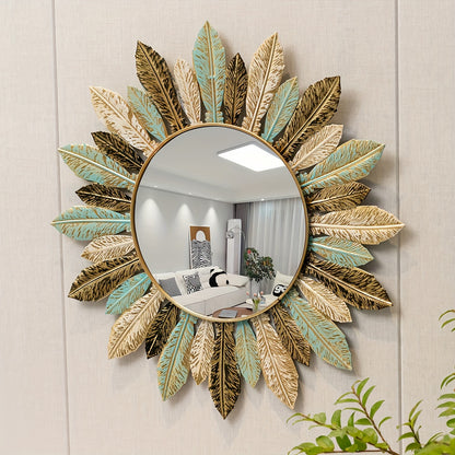 Specchio da Parete in Metallo Bohemien Sunburst | Design Foglia Verde Petrolio e Oro