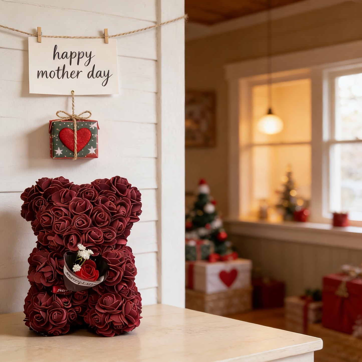 Presente Urso de Rosas do Dia da Mãe Urso de Peluche com Flor Artificial Decoração