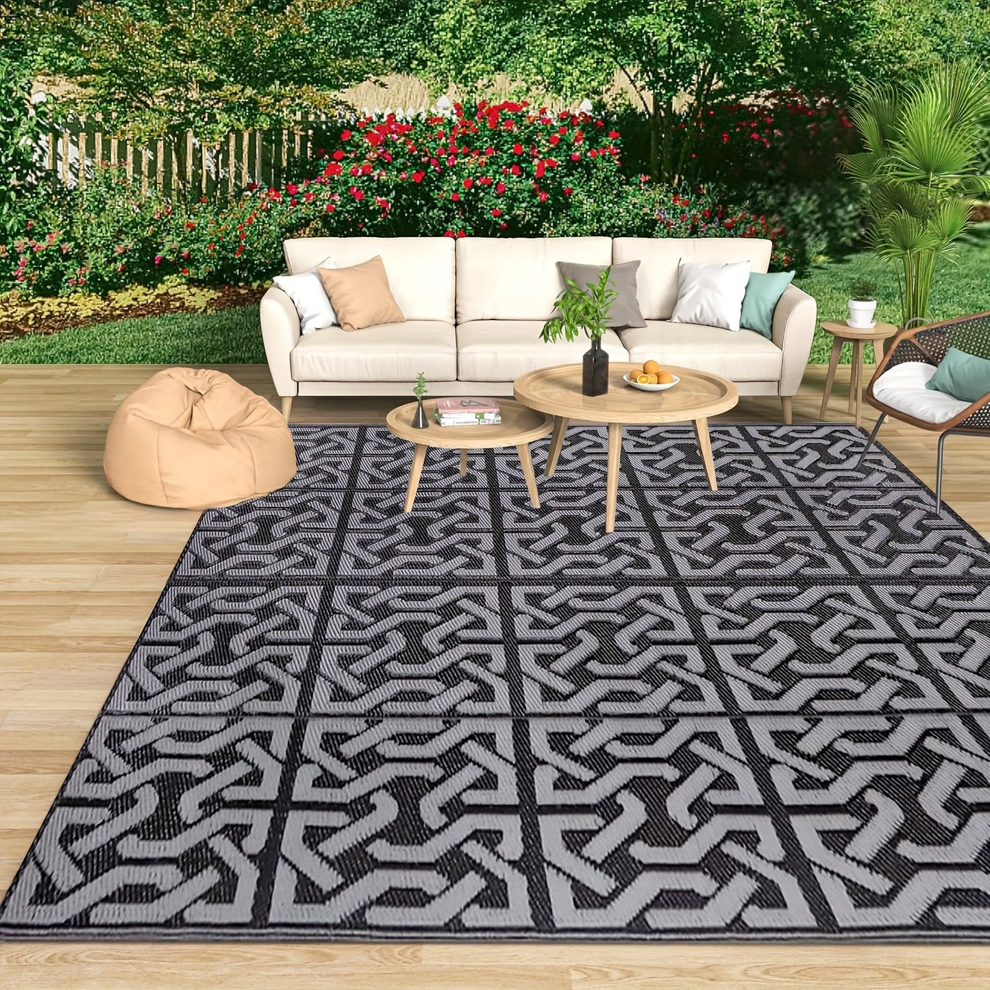 Tappeto Esterno Reversibile | Tappeto Moderno per Patio Nero e Grigio