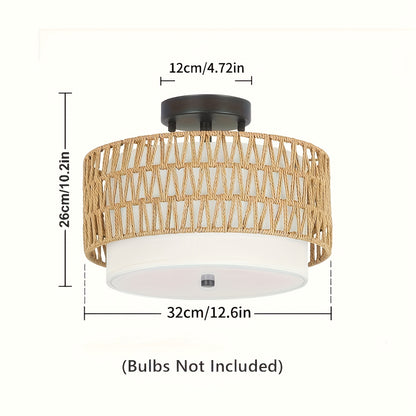Lámpara de Techo Boho de Ratán | Montaje Semi-Empotrado con Pantalla de Lino