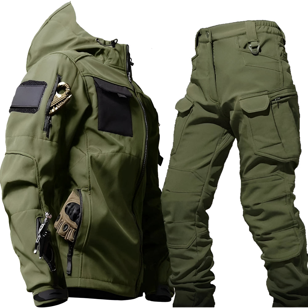 Giacca e pantaloni tattici da uomo per esterni, robusti, con molte tasche e cappuccio