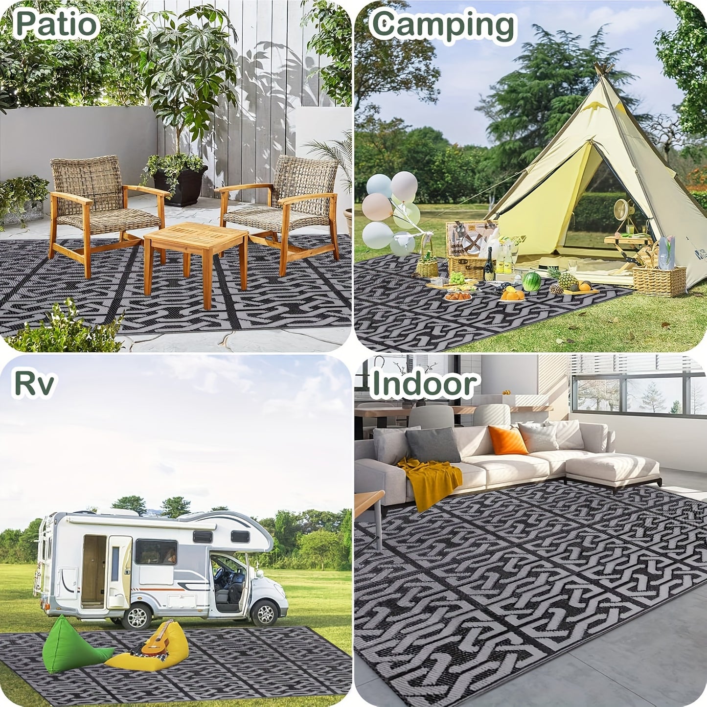 Tappeto Esterno Reversibile | Tappeto Moderno per Patio Nero e Grigio