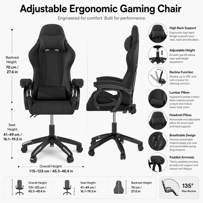 Justerbar ergonomisk gamingstol med høj ryg og mesh-ryglæn, der kan lænes tilbage