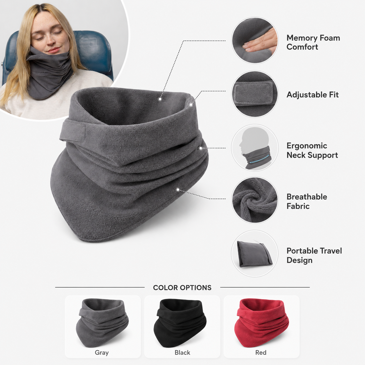 Adjustable Travel Neck Pillow Memory Foam Comfort