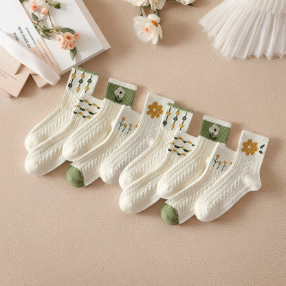 Calcetines Mujer Algodón Floral Vintage Punto Trenzado Transpirable