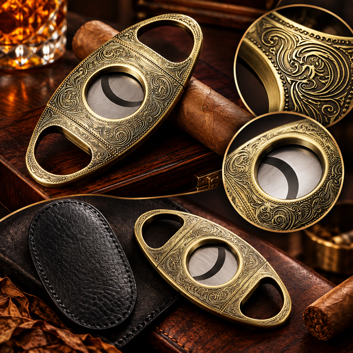 Antik bronzefarvet cigar-klipperetui med graveret design
