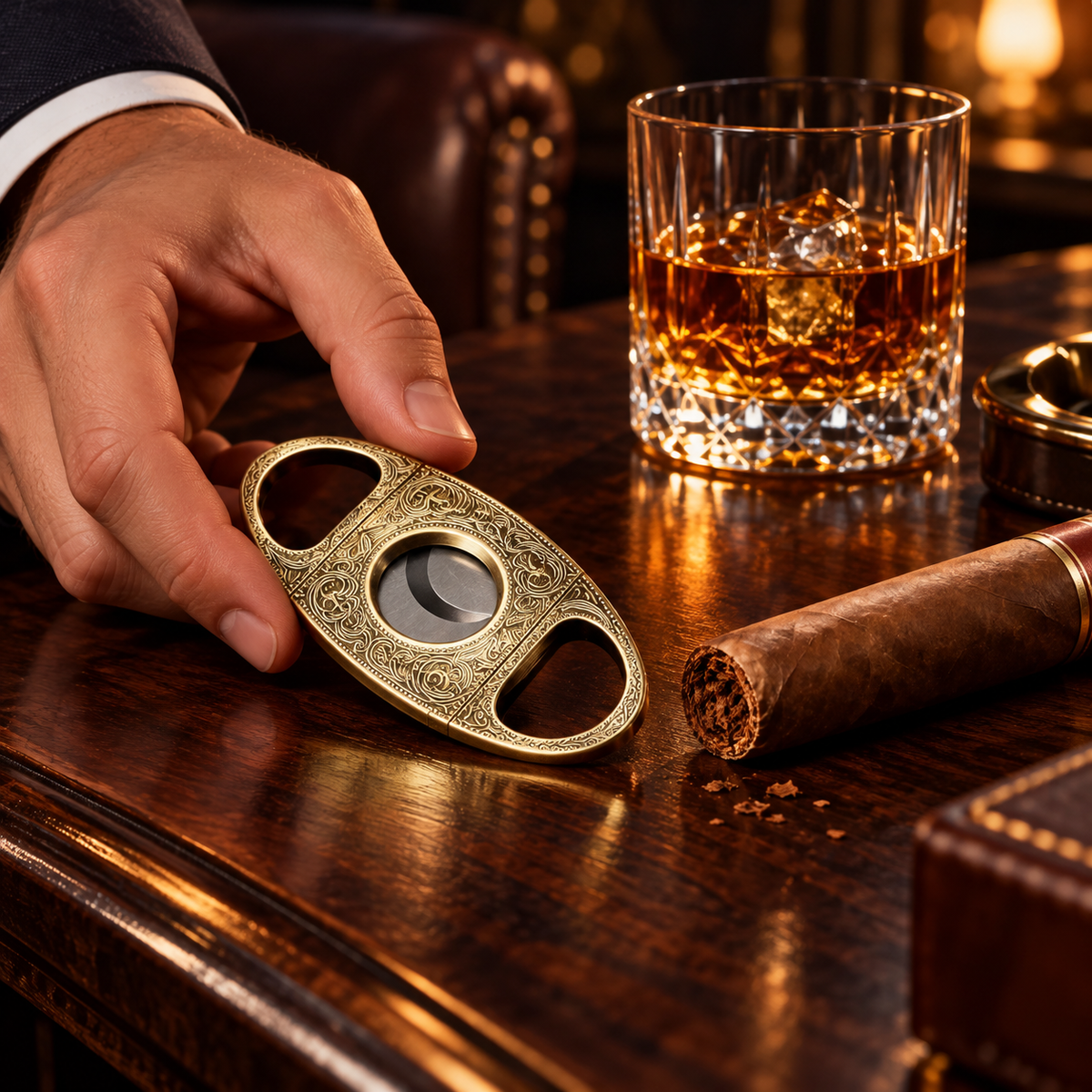 Antik bronzefarvet cigar-klipperetui med graveret design