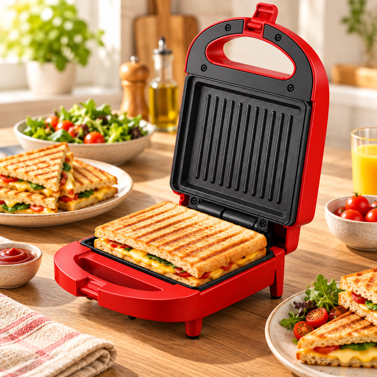 Piastra per panini compatta da piano di lavoro, con chiusura automatica e doppio riscaldamento