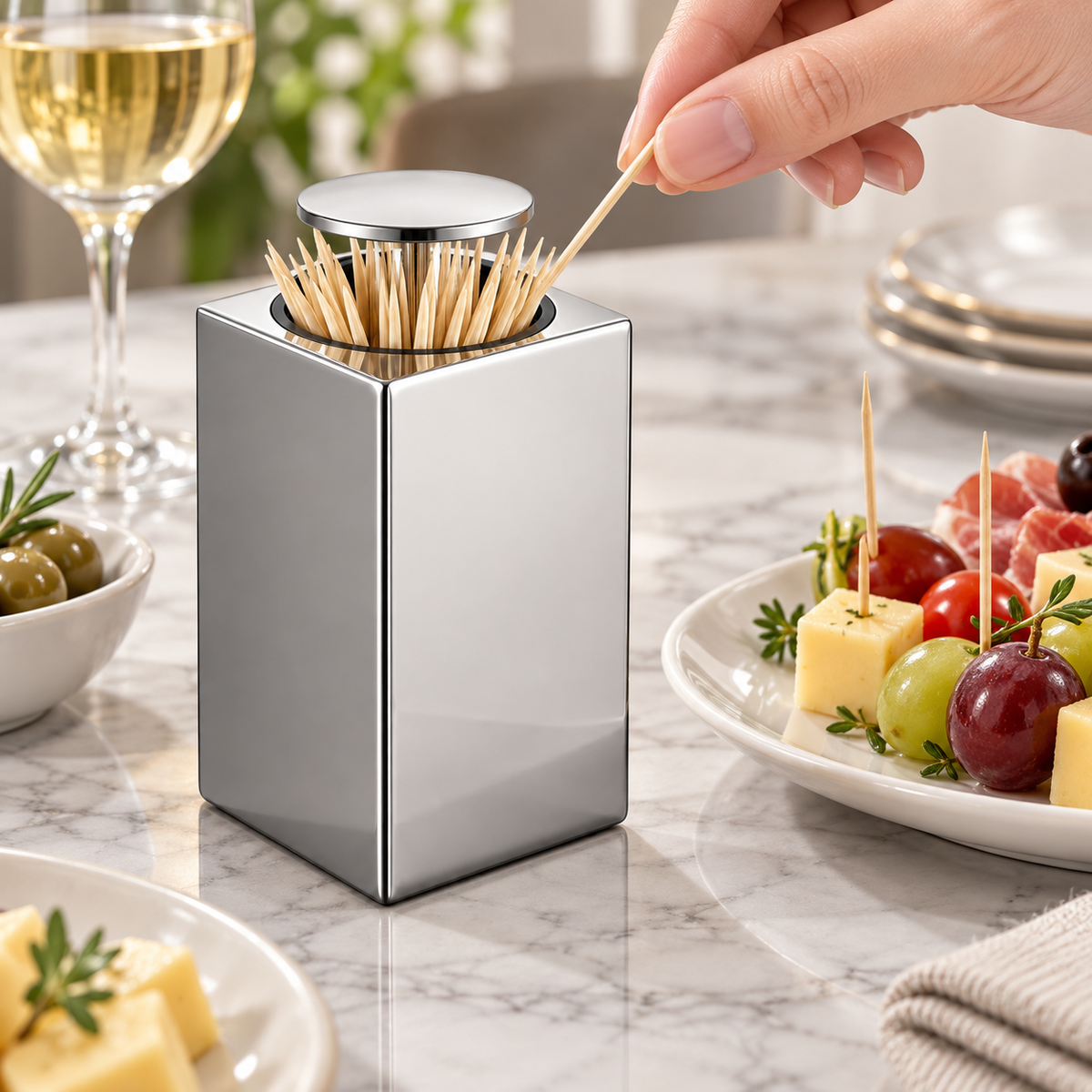Dispensador automático de palitos com botão de pressão e suporte compacto